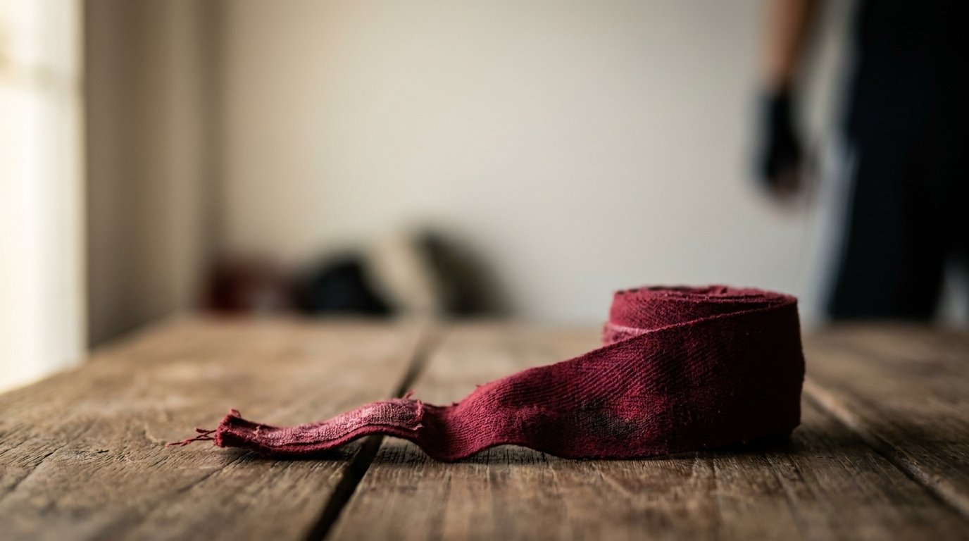 A muay thai hand-wrap, partially unraveled, on weathered teak wood — soft afternoon light from the left.