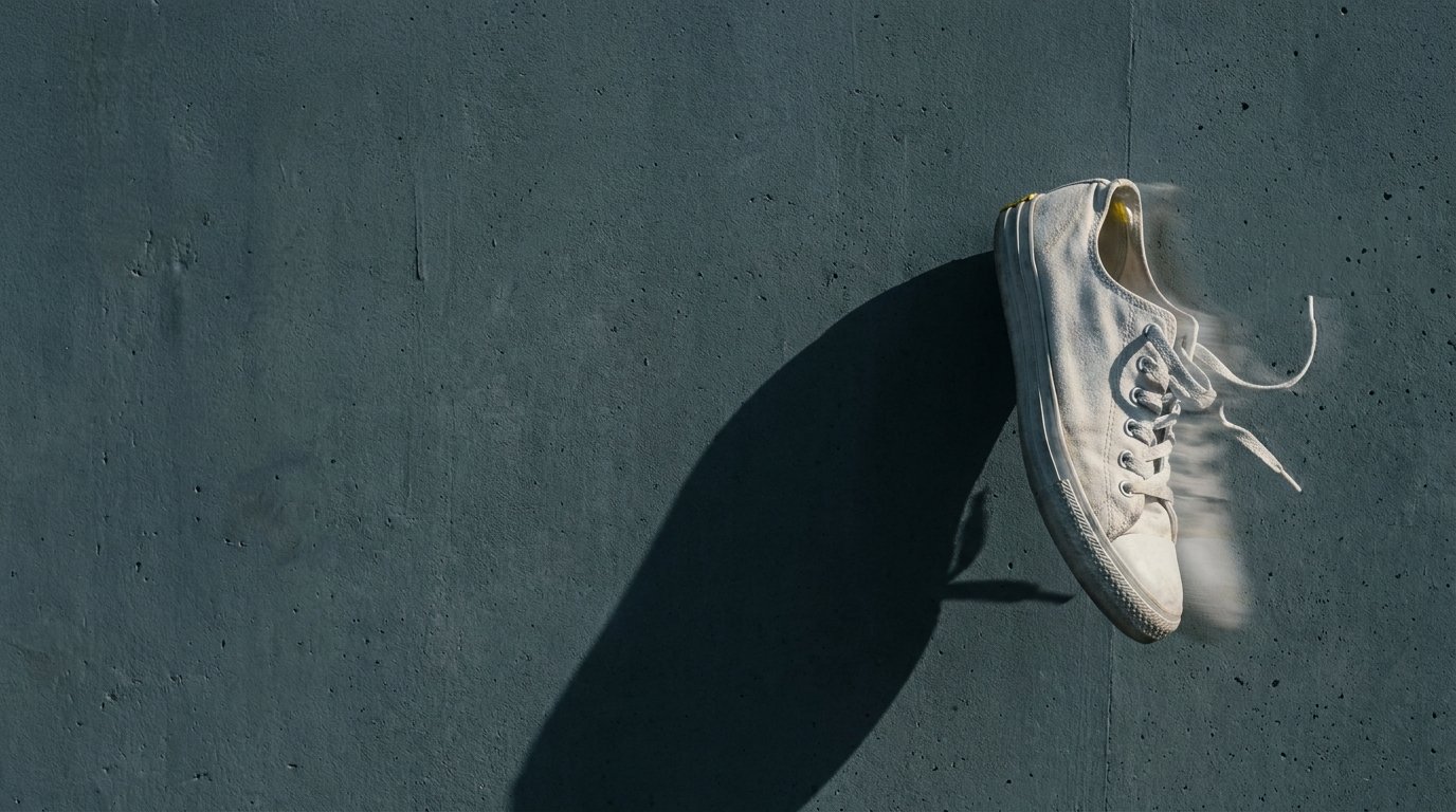 A single white sneaker mid-stride frozen against concrete, long architectural shadow.