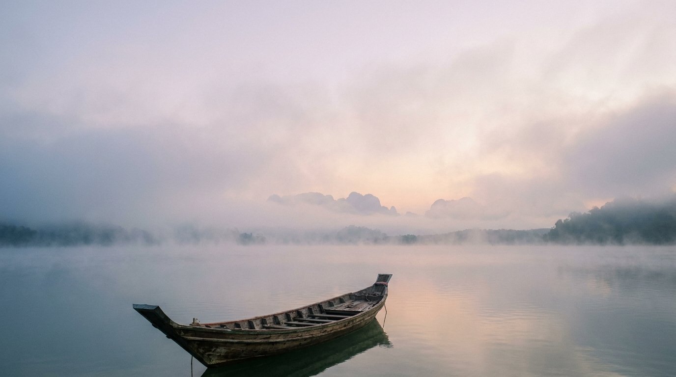 An empty wooden long-tail boat moored on misty water at dawn, lilac sky.