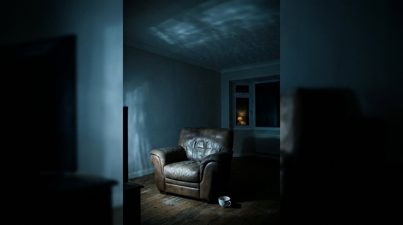 An empty leather armchair in a darkened room, lit by an off-screen TV glow.